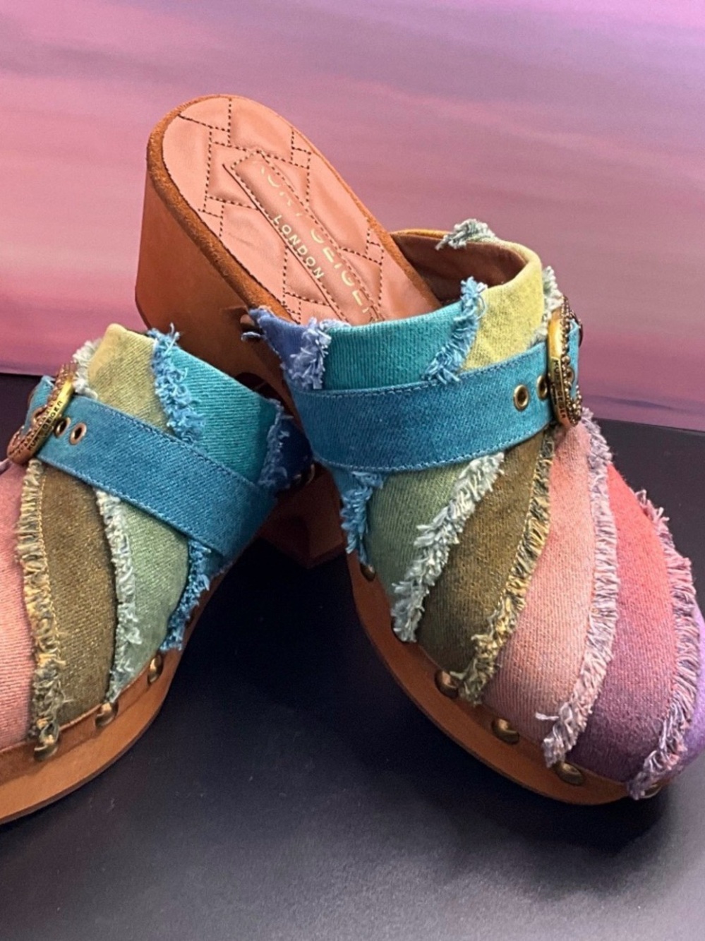 NIB Kurt Geiger Multicolor Frayed Denim Buckle Mules - Picture 4 of 8